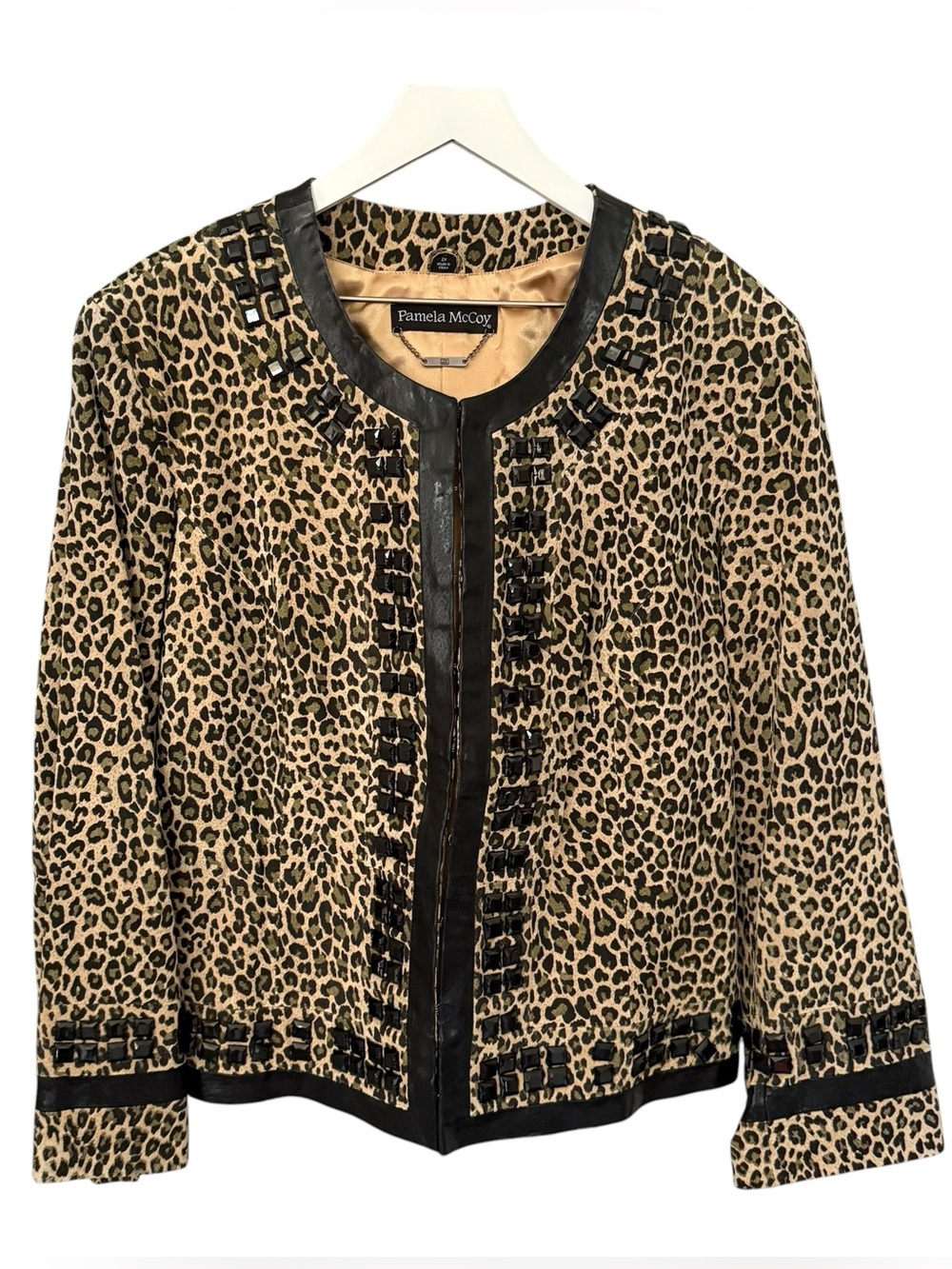 Vintage 90s Pamela McCoy Leather Leopard Print Embellished Jacket Size 2X